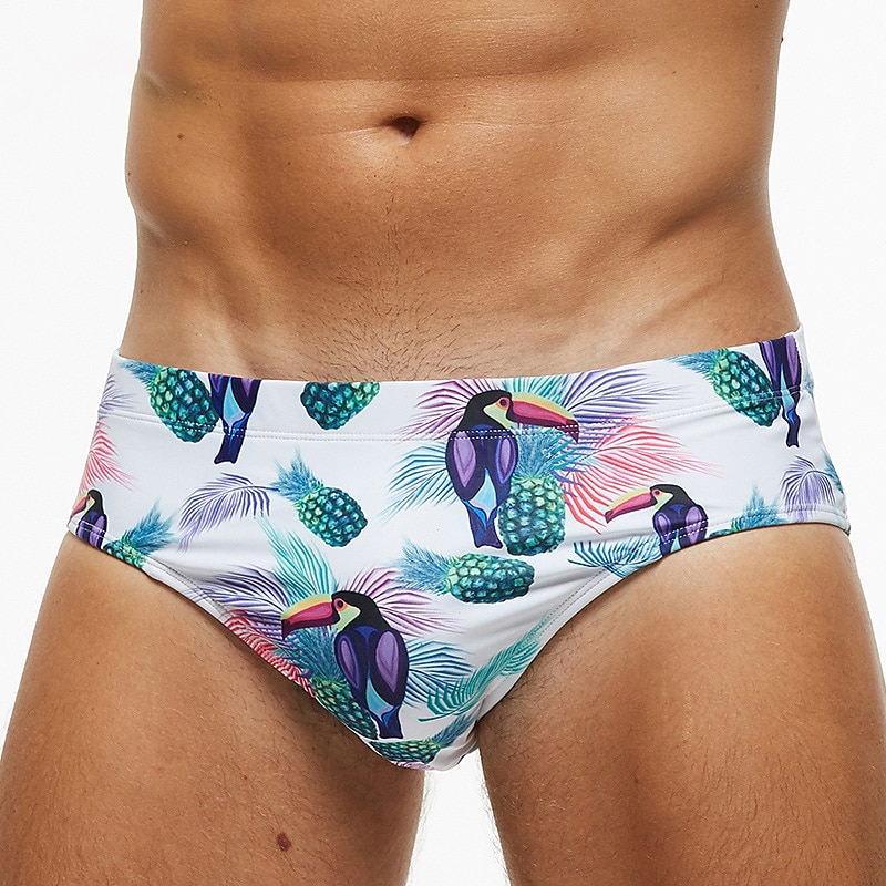 Men's Swimwear Swim Briefs Floral Tropical Beach Swimming Pool Sporty Basic Black White4