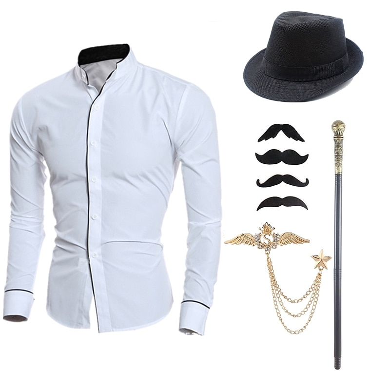 Mens 1920s Gangster Outfit Shirt with Accessories Set 5 Pcs Retro Vintage Roaring 20s Theme Party Cosplay Costume Newsboy Hat Beard Brooch Cane2