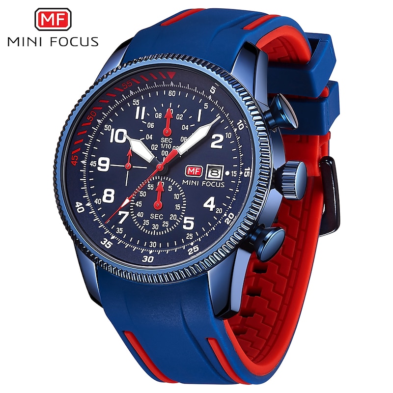 MINI FOCUS Men Quartz Watch Large Dial Outdoor Fashion Business Luminous Three Time Zones Calendar Waterproof Silicone Watch