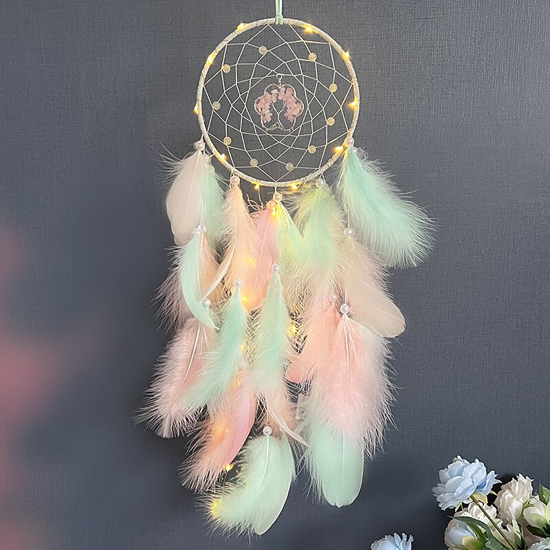 Colorful Tree of Life Dream Catcher Handmade Gift Feather Hook Flower Wind Chime with Gems Ornament Wall Hanging Decor, 72x16cm/28.3''x6.3''