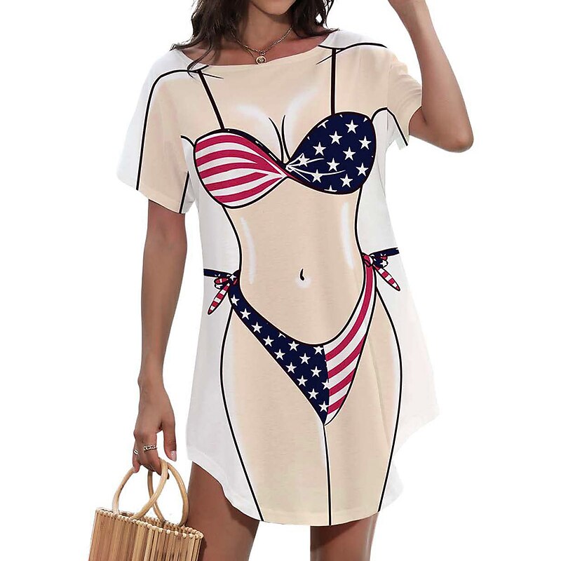 Women's Bikini Shirt Cover Up Dress Funny Cute Bikini Print for Swimwear Short Sleeve 3D Graphic Baggy Swimwear Cover-Up