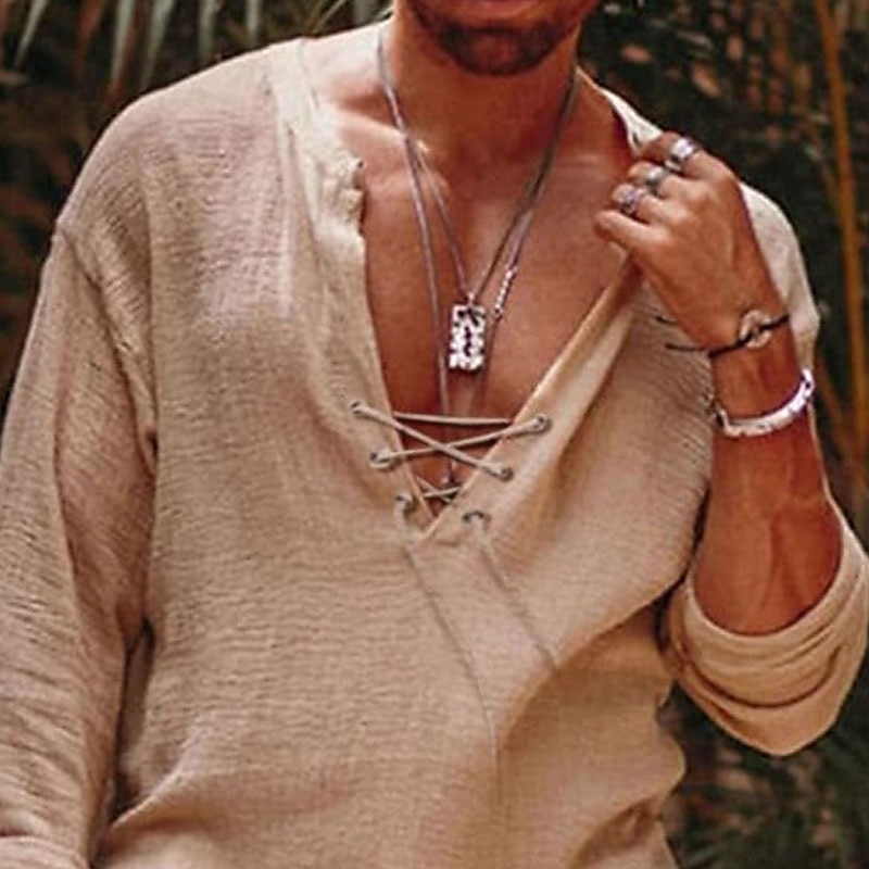 Men's Cotton Linen Shirt Summer Shirt Casual Shirt Beach Shirt Beige Long Sleeve Plain V Neck Spring & Summer Casual Daily Clothing Apparel Drawstring2