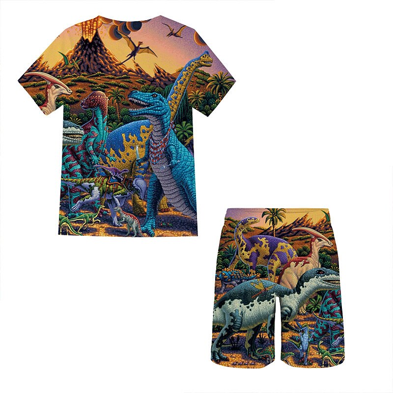 2 Pieces Kids Boys T-shirt & Shorts Clothing Set Outfit Graphic Dinosaur Short Sleeve Crewneck Set Outdoor Sports Fashion Cool Spring 7-13 Years Blue Dusty Blue Green4