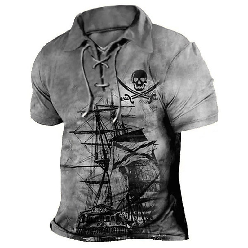 Men's Skull Graphic Prints Vintage Sailboat Polo Shirt Golf Shirt Short Sleeve Shirt Turndown Outdoor Street Blue Green Khaki Gray Drawstring Print Clothing Apparel Sports Fashion Streetwear Designer2