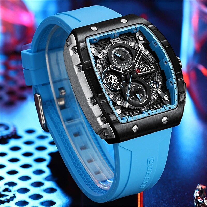 CURREN Men Quartz Watch Creative Outdoor Sports Analog Wristwatch Chronograph Waterproof Luminous Calendar Date  Silicone Strap Watch
