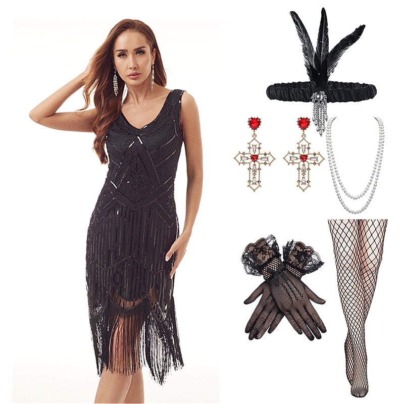 1920s Gatsby Flapper Dress with 20s Accessories Set Women's Sequins Tassel Fringe Costume Retro Vintage Cosplay Party & Evening Cocktail Dress3