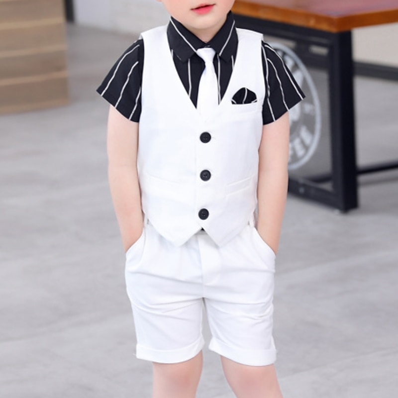 3 Pieces Ring Bearer Suit Boys Kids Shirt & Shorts Casual Fashion Basic Stripe Black White Gray Cotton