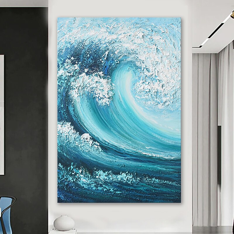 100% Hand Painted Thick Skin Texture Raging Waves Abstract Decoration Oil Painting for Wall Art 24*36 Inch with Stretched Frame for Hanging2