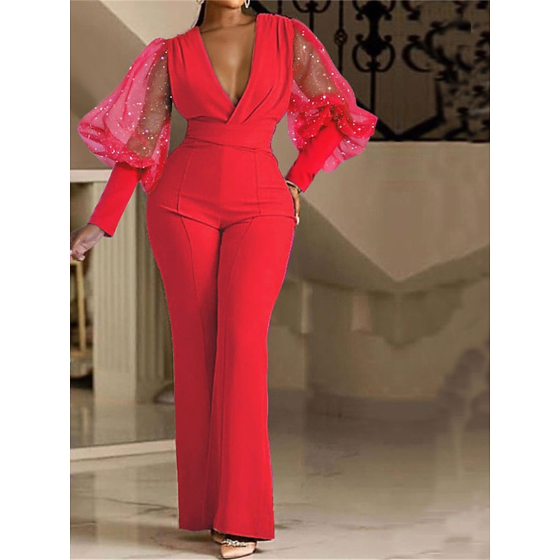 Women's Normal Jumpsuit Elegant Solid Color Long Sleeve V Neck High Waist Wedding Party Regular Fit Blue Fuchsia Green Spring2