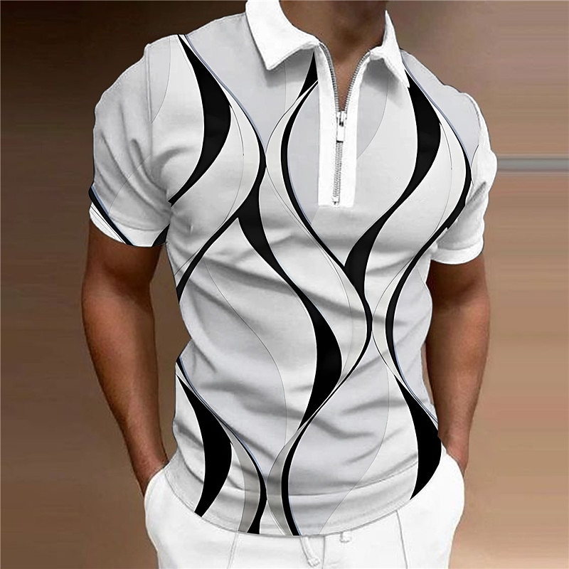 Men's Geometric Zip Polo Shirts Golf Shirt Short Sleeve Polo Shirts Collared Shirts Business Casual Vacation Wear Formal Wear Festival Wear 3D Print Quarter Zip Polo Black White Yellow