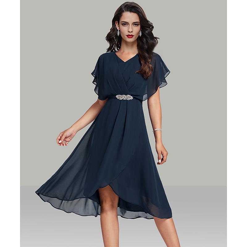 A-Line Wedding Guest Dresses Elegant Dress Semi Formal Tea Length Short Sleeve V Neck Belt / Sash Chiffon with Beading