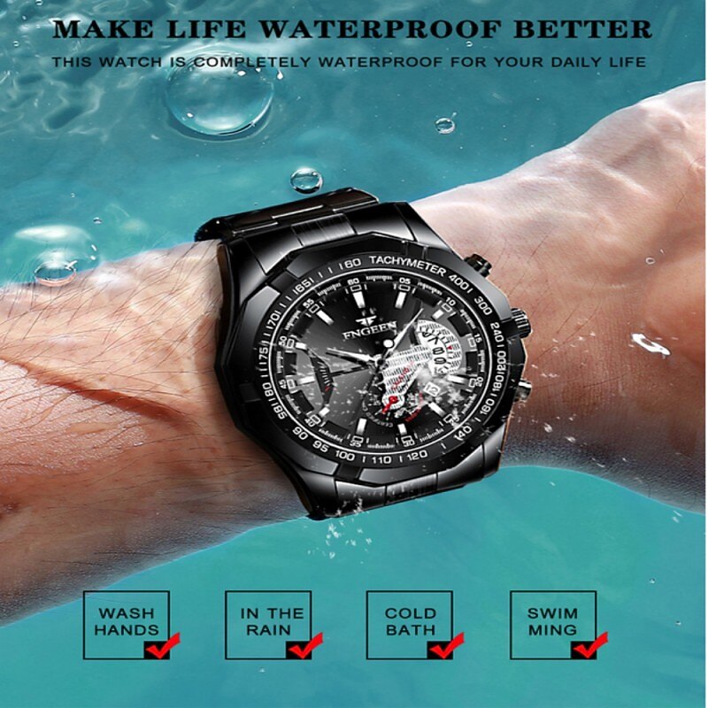 FNGEEN Men Quartz Watch Luxury Large Dial Fashion Wristwatch Luminous Calendar Waterproof Stainless Steel Strap Watch3
