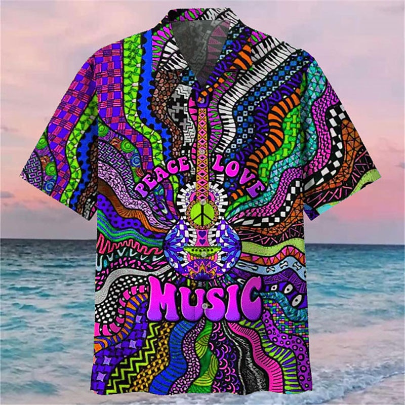Men's Music Hippie Shirt Summer Hawaiian Shirt Button Up Shirt Short Sleeve Sports Fashion Streetwear Outdoor Casual Hawaiian Summer Spring Cuban Collar Print Blue Purple Rainbow2