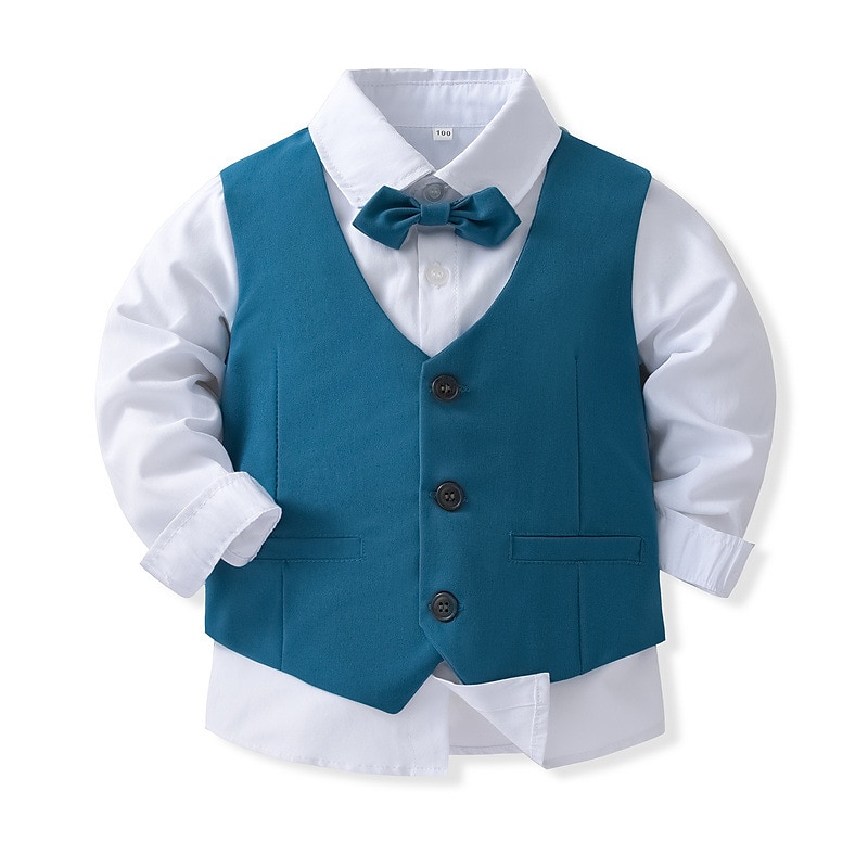 4 Pieces Ring Bearer Suit Boys Kids Suit Formal Suit Shirt & Pants Clothing Set Formal Fashion Solid Color Royal Blue Sky Blue Gray Cotton4