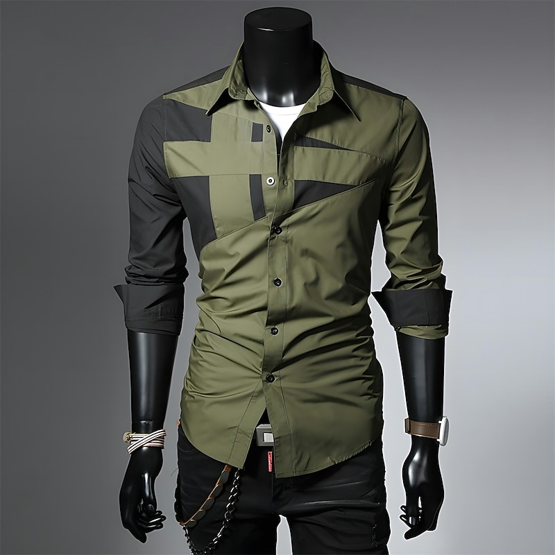 Men's Dress Shirt Collared Shirt Button Up Shirt Color Block Wedding Outdoor ArmyGreen. Black White Wine Long Sleeve Collar Spring Fall Clothing Apparel Patchwork2