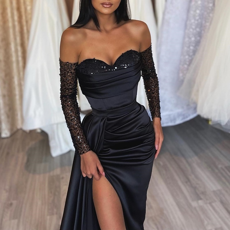 Mermaid Sequin Evening Gown Vintage Dress Formal Wedding Guest Court Train Long Sleeve Off Shoulder Satin with Ruched Slit Masquerade Dress2