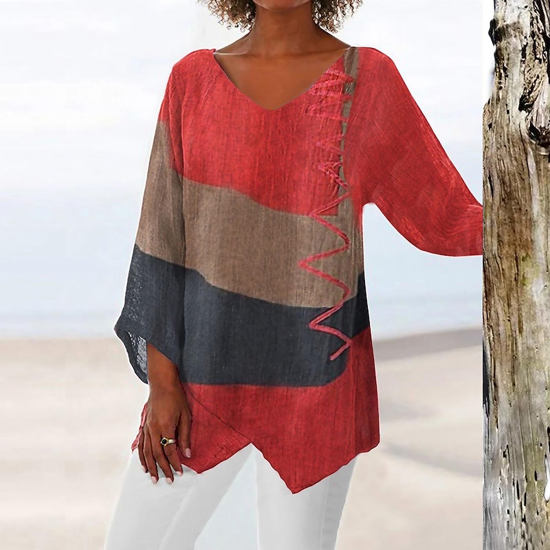 Women's Tunic Shirt Long Sleeve Asymmetrical Hem Blouse Basic Color Block Print Long Tops V Neck Casual Red Spring Fall