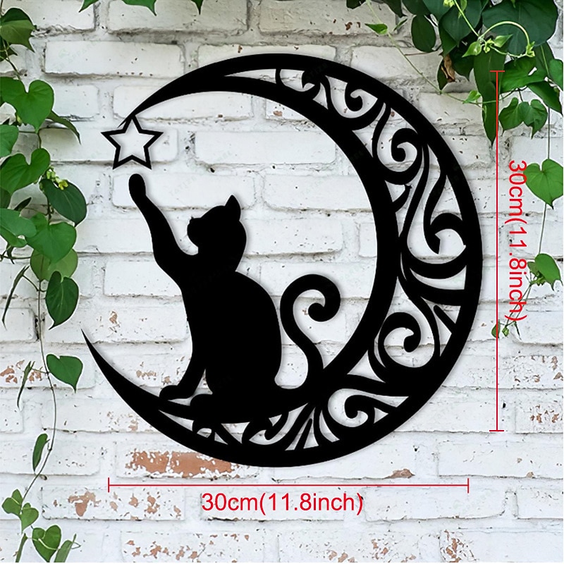 Metal cat and Moon Wall Decoration, Cat Art Silhouette Decor Cat and Moon Metal Wall Art Decoration, 3D Cat Sculpture Retro Metal Cut Out Design Plaque Crafts2