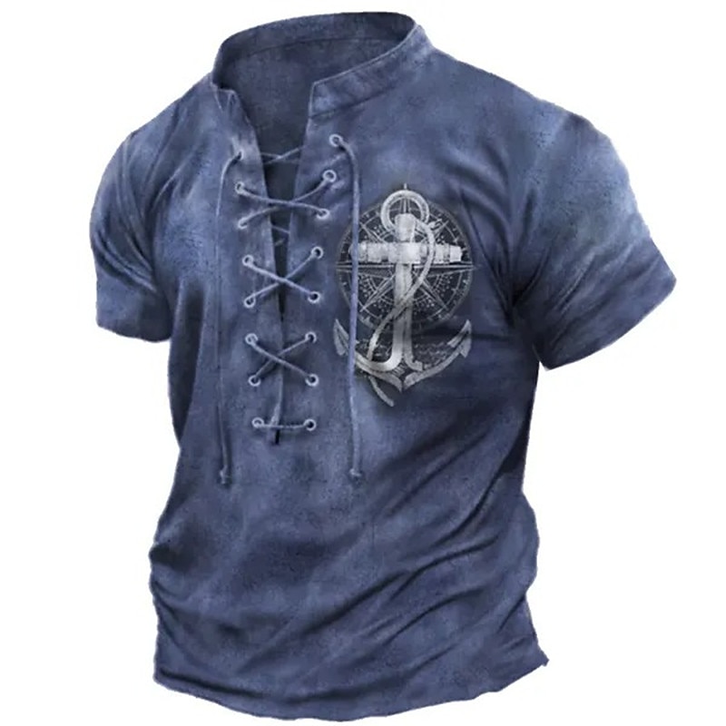 Men's T Shirt Graphic Anchor Compass Stand Collar Clothing Apparel 3D Print Daily Sports Going out Short Sleeve Lace up Print Polyester Vintage Fashion Designer2