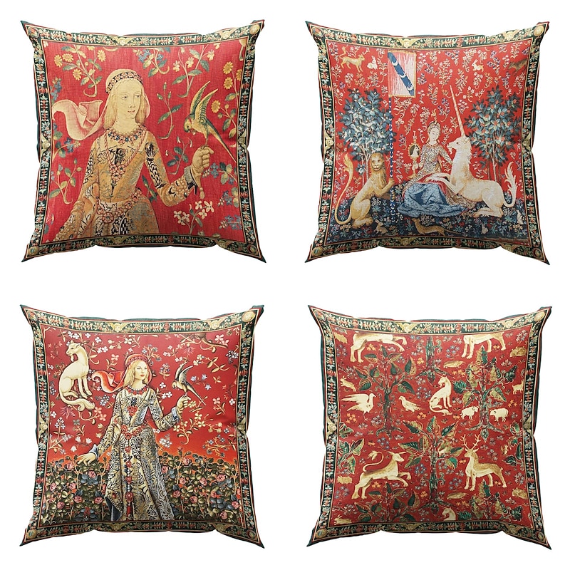 Medieval Double Side Pillow Cover 4PC Lady Unicorn Decorative Cushion Case Pillowcase for Bedroom Livingroom Sofa Couch Chair4