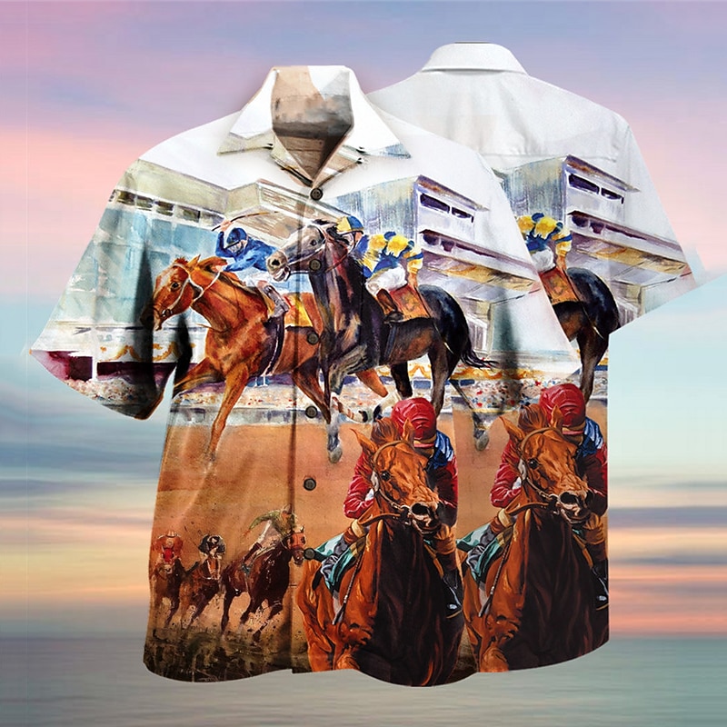 Kentucky Derby Men's Horse American Flag Horse Racing Shirt Summer Hawaiian Shirt Button Up Shirt Short Sleeve Sports Fashion Streetwear Outdoor Casual Hawaiian Summer Spring Cuban Collar Print Funny3