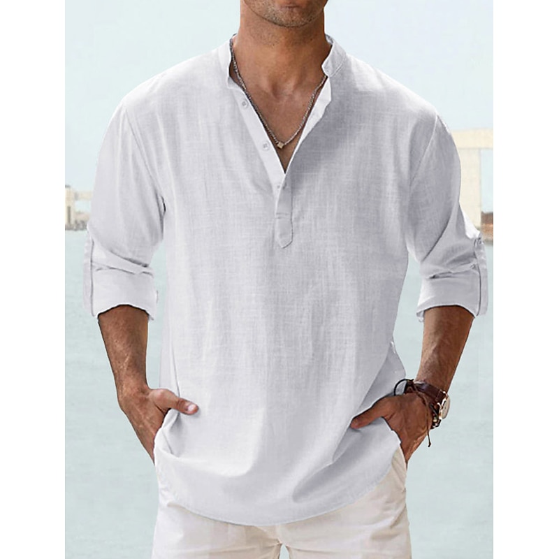 Men's Shirt Linen Shirt Summer Shirt Beach Shirt Plain Hawaiian Holiday White Pink Blue Green Long Sleeve Stand Collar Spring & Summer Clothing Apparel Basic4