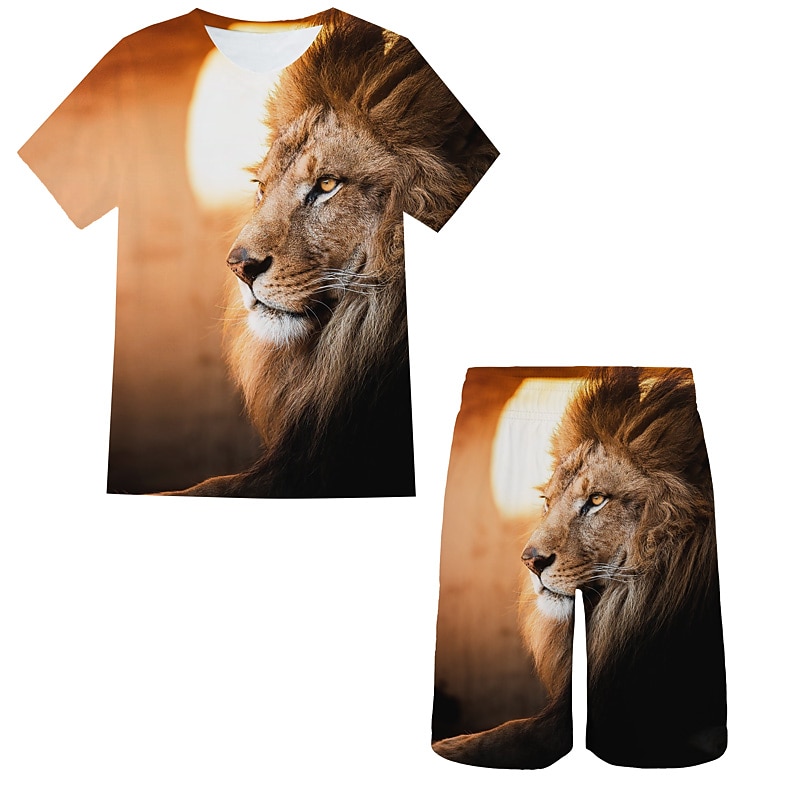 Boys 3D Animal Lion T-shirt & Shorts Clothing Set Short Sleeve Summer Spring Sports Fashion Cool Kids 3-13 Years Outdoor Vacation Street Regular Fit2
