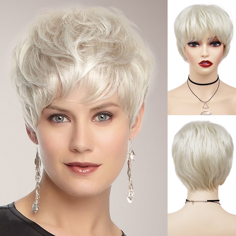 Synthetic Hair Short Wigs Platinum Blonde Wig with Bangs Ladies Wigs for Women Natural Hairstyles Sale Wig Cap Free