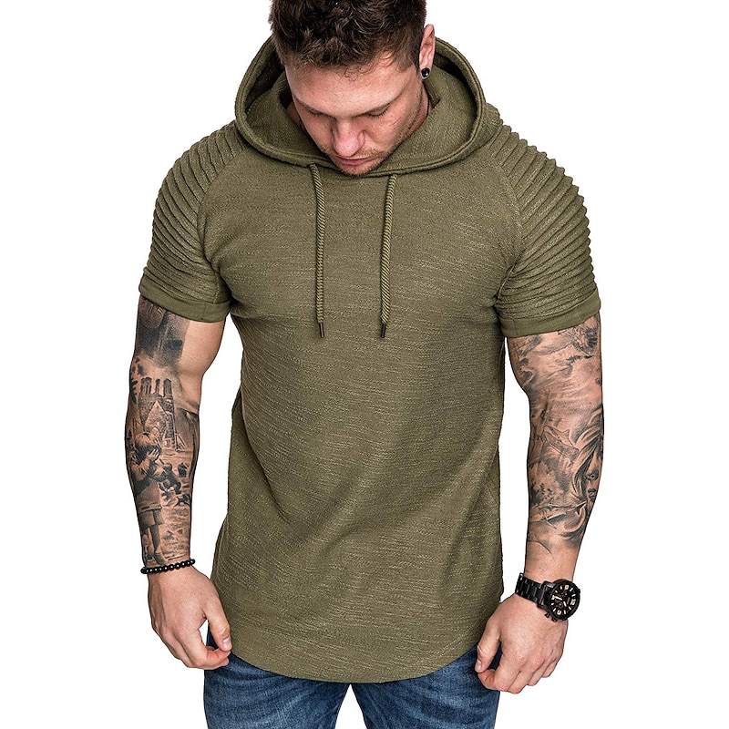 Men's T Shirt Tee Top Short Sleeves Hooded Summer Plain Slim Pleated Fashion Sport Basic Vacation Street Going out Black White Navy Blue Top Tee for Men