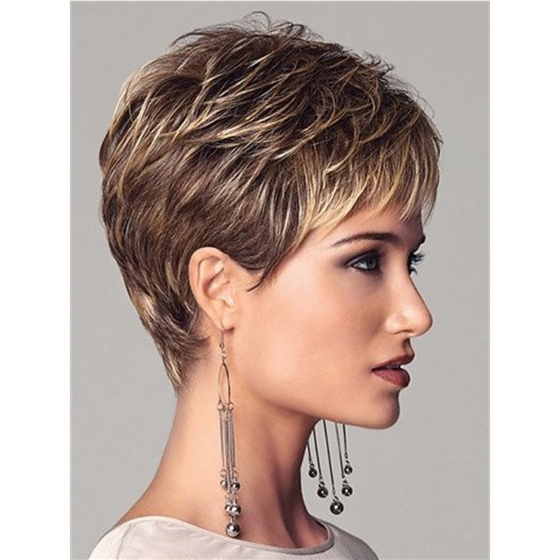 Short Dark Brown Mixed Blonde Highlight Pixie Cut Wigs with Bangs Synthetic Layered Wigs for Women Natural Hair Replacement Wigs2