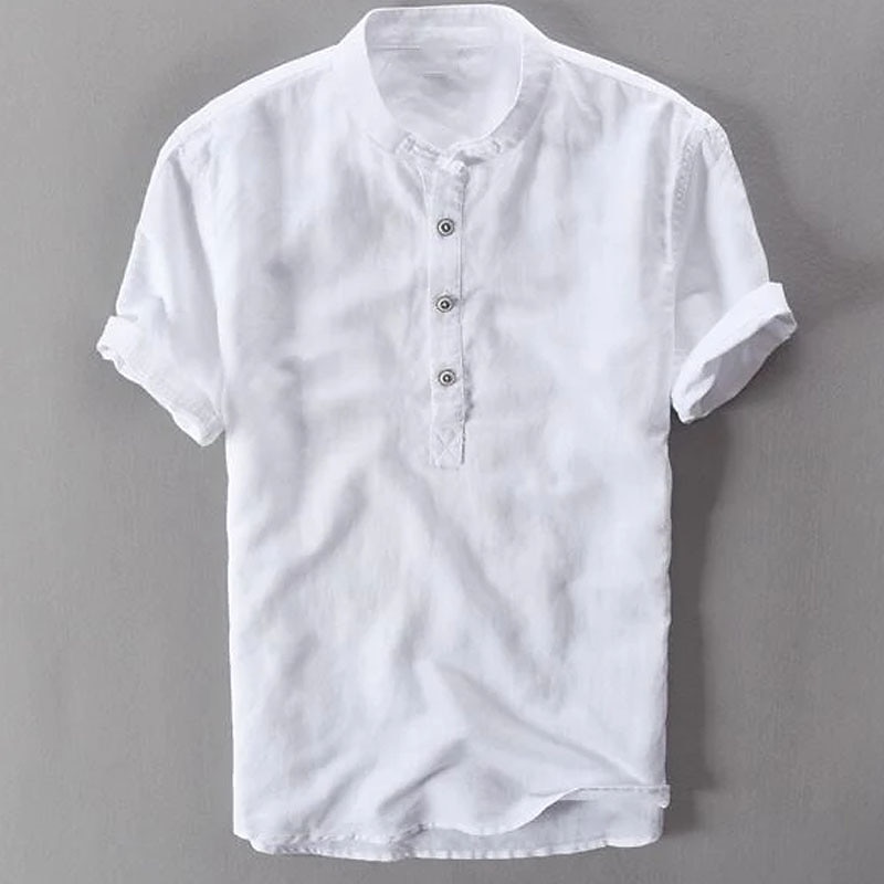 Men's Cotton Linen Shirt White Cotton Shirt Chinese Collar Shirt Mandarin Collar Shirt Popover Shirt Summer Shirt Plain Vacation Casual White Dark Blue Light Sky Blue Gray Short Sleeve Collar Summer