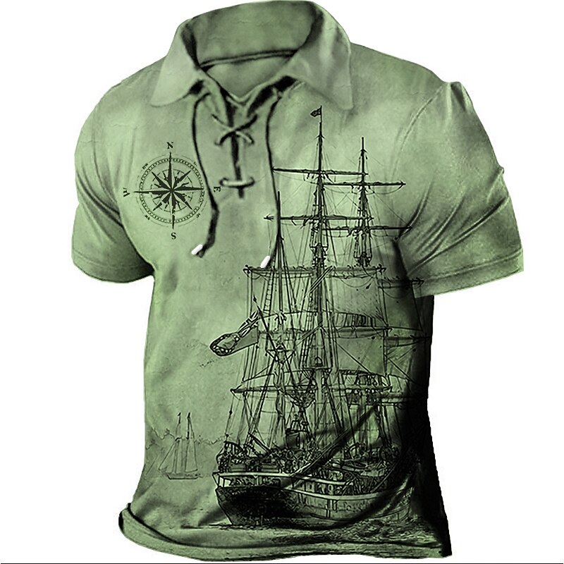 Men's Graphic Prints Vintage Sailboat Polo Shirt Golf Shirt Short Sleeve Shirt Turndown Outdoor Street Blue Green Khaki Gray Drawstring Print Clothing Apparel Sports Fashion Streetwear Designer3