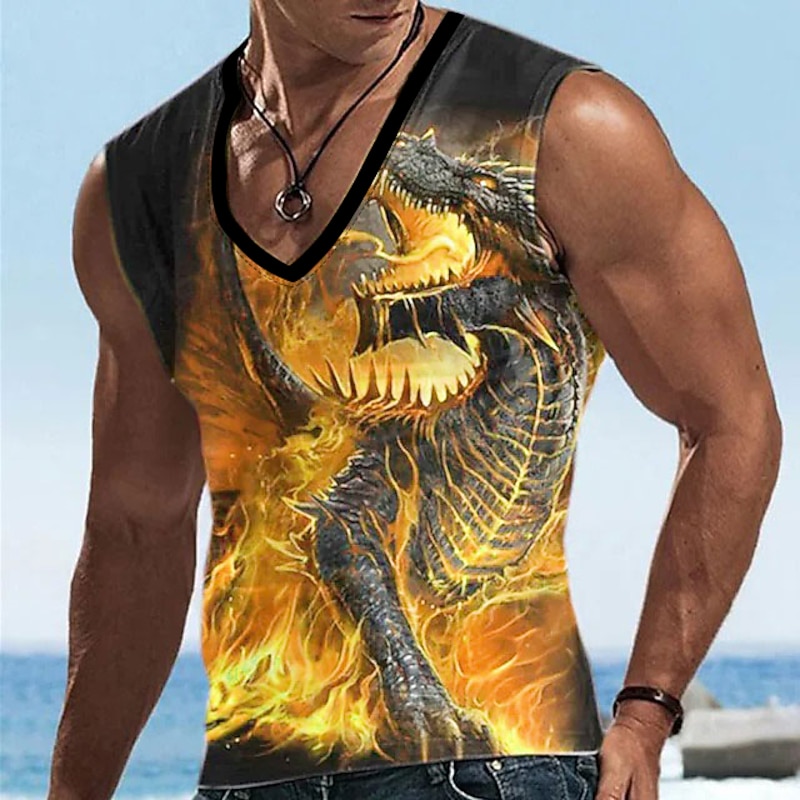 Men's Graphic Animal Dragon Vest Top Sleeveless T shirt 3D Print V Neck Shirt Designer Casual Comfortable Vacation Daily Going out Yellow Blue Sky Blue Spring & Summer Clothing Apparel S M L XL 2XL3