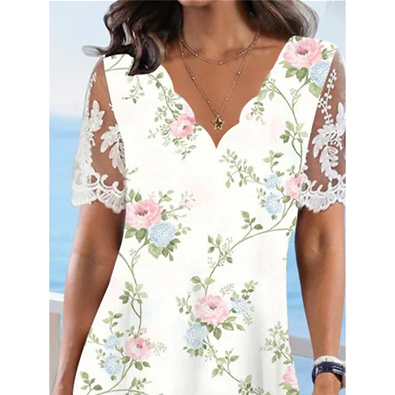 Women's Floral Lace Print Scalloped Neck Lace Sleeve Midi Dress Daily Vacation Short Sleeve Summer Spring2