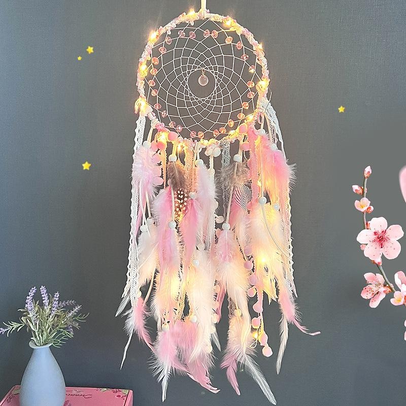 Pink Dream Catcher Handmade Gift Feather Hook Flower Wind Chime Ornament Wall Hanging Decor Art Boho Style, 67x16cm/26.3''x6.3''