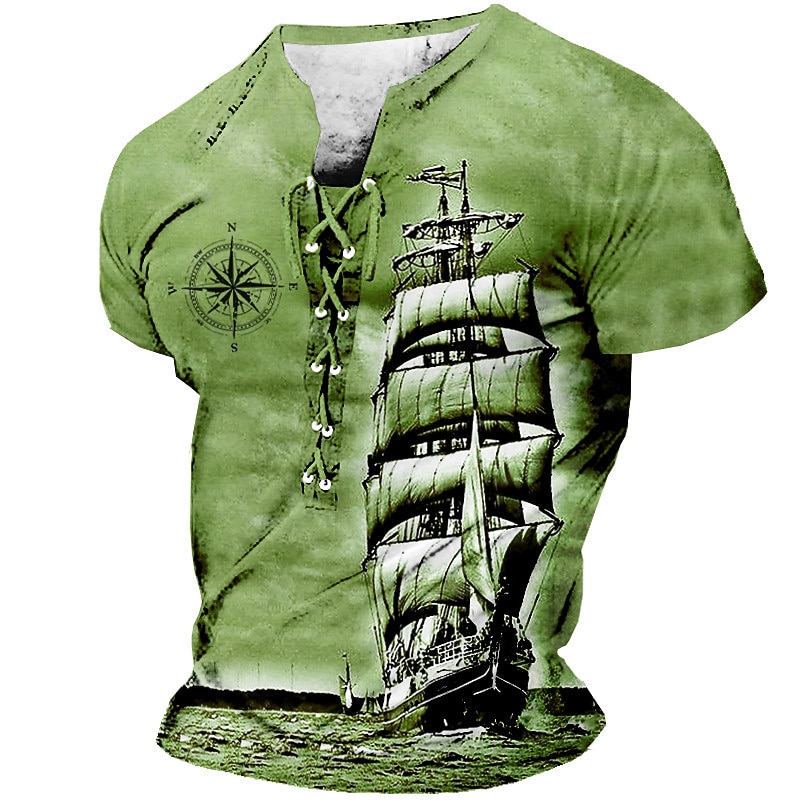 Sailboat And Compass Mens Graphic Shirt Lace Up 3D For Sailing Brown Summer Cotton Tee Ship Stand Collar Clothing Apparel Print Daily Sports Short Sleeve Black White Casual Grey3