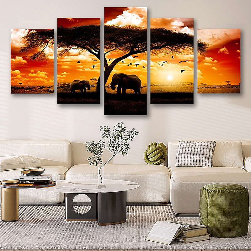 5 Panels Wall Art Canvas Prints Posters Painting Artwork Picture Elephant Animal Tree Sunset Home Decoration Décor Rolled Canvas With Stretched Frame4