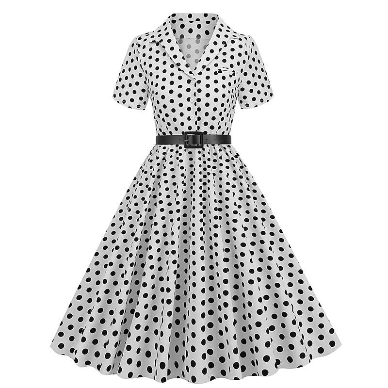 Retro Vintage 1950s Rockabilly Knee Length Swing Dress Flare Dress Shirt Dress With Belt Polka Dot Fancy Dress Women's Carnival Masquerade Vacation Party / Evening Dailywear Adults' Dress Spring2