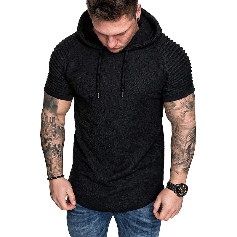 Men's T Shirt Tee Top Short Sleeves Hooded Summer Plain Slim Pleated Fashion Sport Basic Vacation Street Going out Black White Navy Blue Top Tee for Men4
