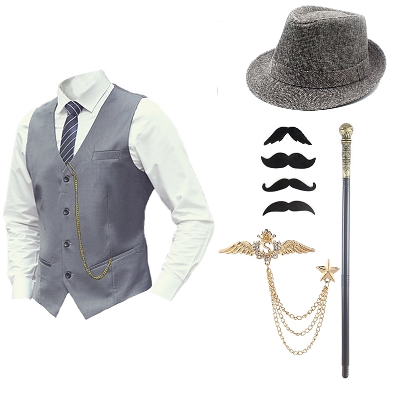 Mens 1920s Gangster Outfit Vest with Accessories Set 5 Pcs Retro Vintage Roaring 20s Theme Party Cosplay Costume Panama Hat Beard Brooch Cane4
