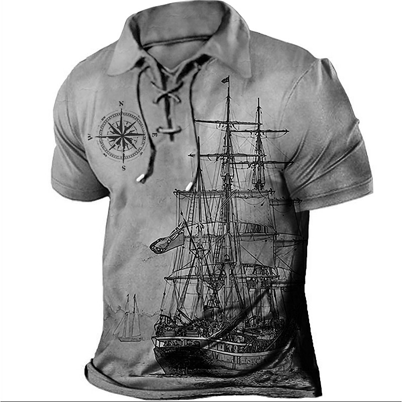 Men's Graphic Prints Vintage Sailboat Polo Shirt Golf Shirt Short Sleeve Shirt Turndown Outdoor Street Blue Green Khaki Gray Drawstring Print Clothing Apparel Sports Fashion Streetwear Designer4