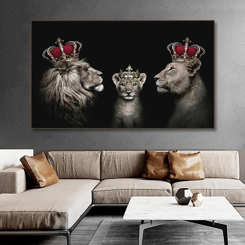 Abstract Black White Family of lions Painting Crown Lions Canvas Posters and Prints Picture for Modern Living Room Decoration4