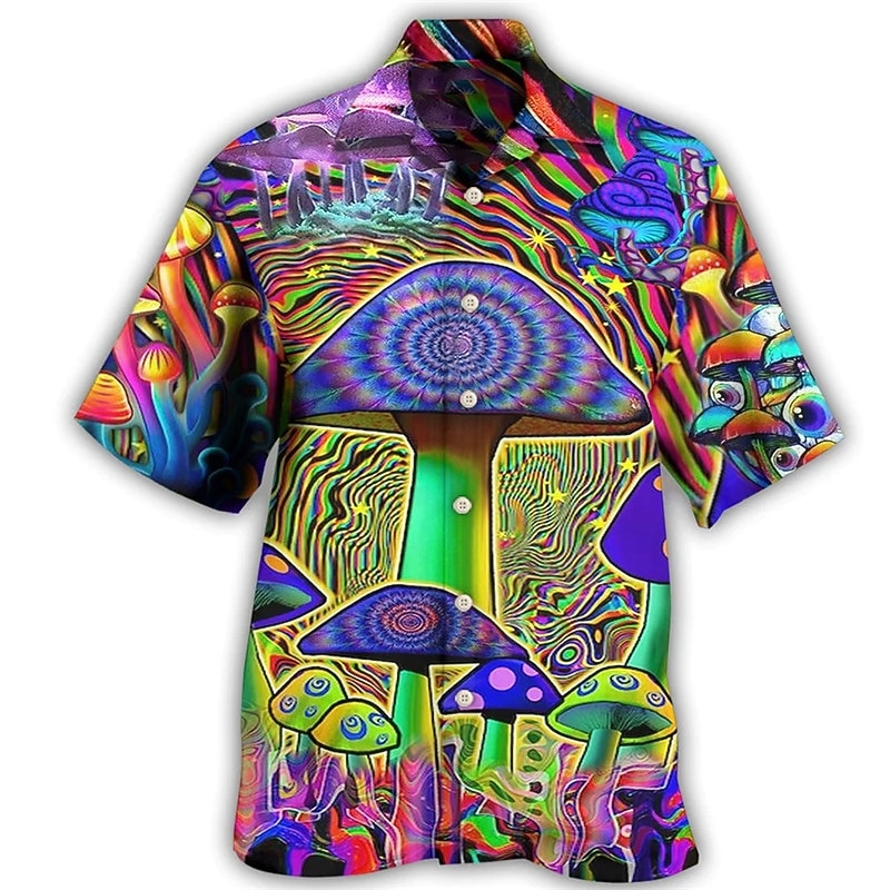 Men's Colorful Hippie Mushroom Shirt Summer Hawaiian Shirt Button Up Shirt Short Sleeve Sports Fashion Streetwear Outdoor Casual Hawaiian Summer Spring Cuban Collar Print Black Blue Purple4