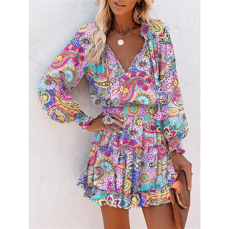 Women's Floral Leopard Ruched Ruffle V Neck Mini Dress Daily Vacation Long Sleeve Summer Spring3