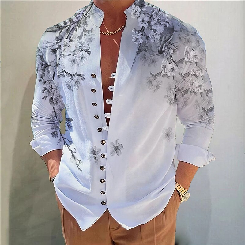 Men's Floral Shirt Button Up Shirt Long Sleeve Fashion Designer Casual Vacation Daily Going out Fall Autumn / Fall Spring & Summer Stand Collar Print Blue Purple Green Gray4