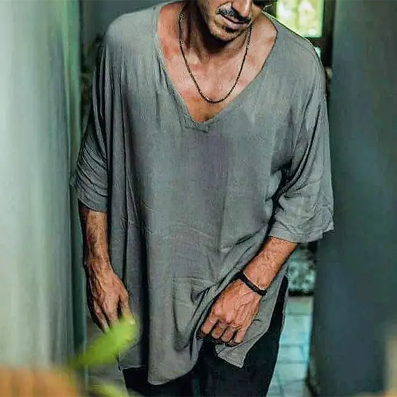 Men's Cotton Linen Shirt Summer Shirt Beach Shirt Plain Hawaiian Holiday Black Green Coffee Long Sleeve V Neck Spring & Summer Clothing Apparel Basic2