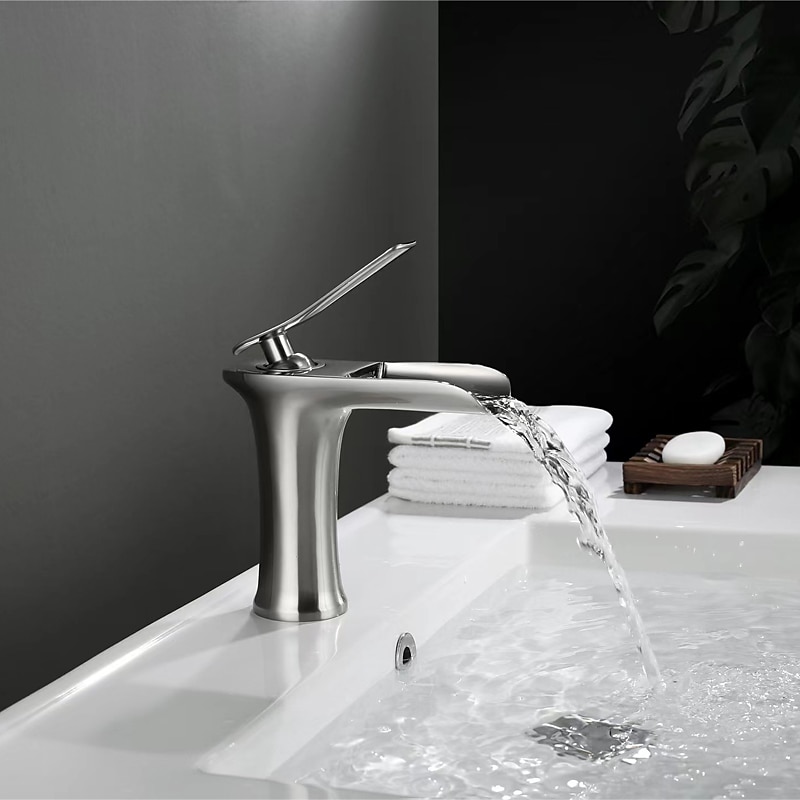 Waterfall Bathroom Sink Mixer Faucet 4.7" Spout, Mono Wash Basin Single Handle Basin Taps Washroom with Hot and Cold Hose, Monobloc Vessel Water Brass Tap Deck Mounted2