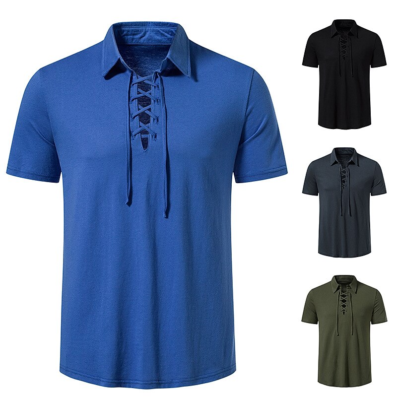 Men's Medieval Viking Polo Shirt T-shirt Traditional Retro Style Lace up Short Sleeve Shirts Hippie Matching