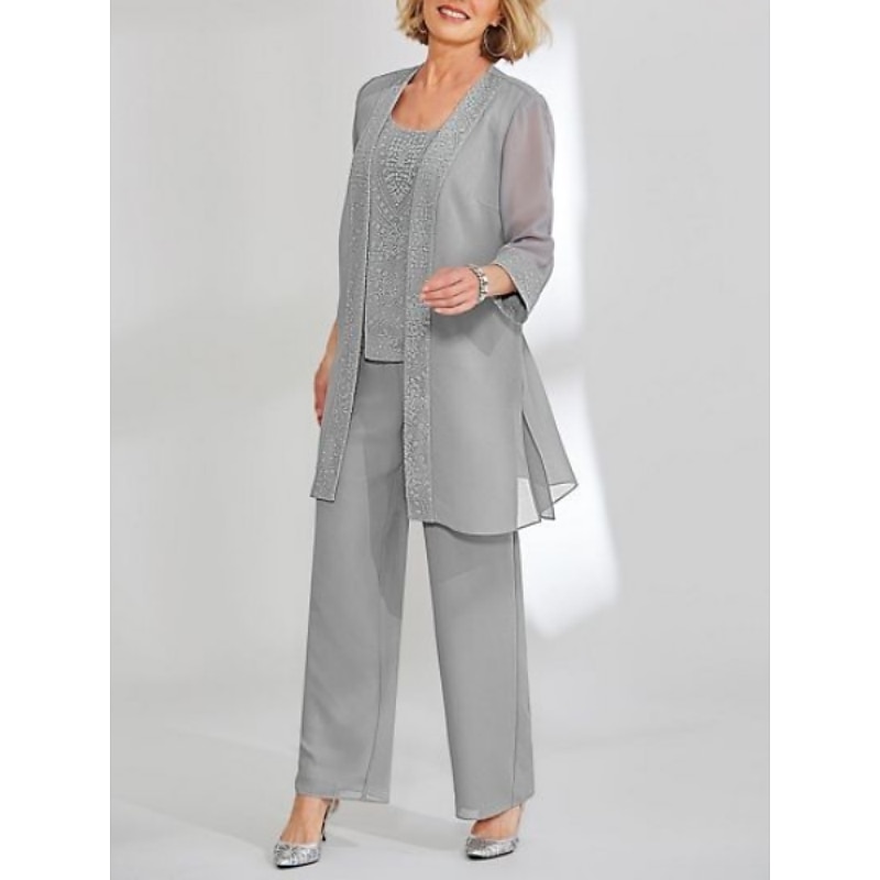 Beach Wedding 3 Piece Mother of the Bride  Wedding Guest Elegant Simple Scoop Neck Ankle Length Chiffon Lace Long Sleeve with Solid Color - Main Image