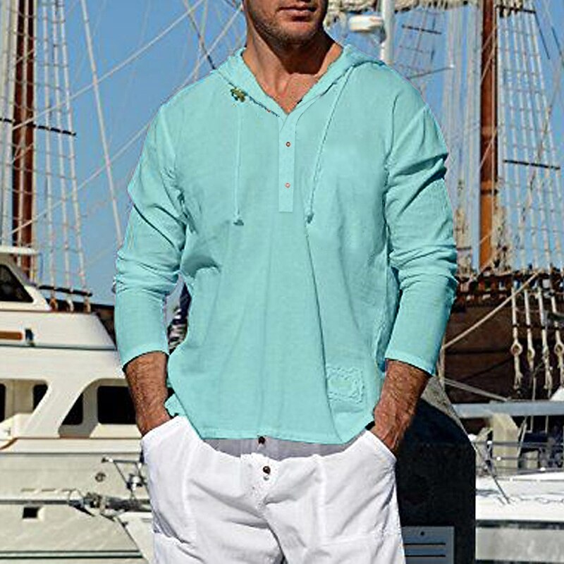 Men's Shirt Cotton Linen Shirt White Cotton Shirt Summer Shirt Casual Shirt Beach Shirt Plain Casual Daily White Blue Green Long Sleeve Hooded Spring & Summer Clothing Apparel Front Pocket4